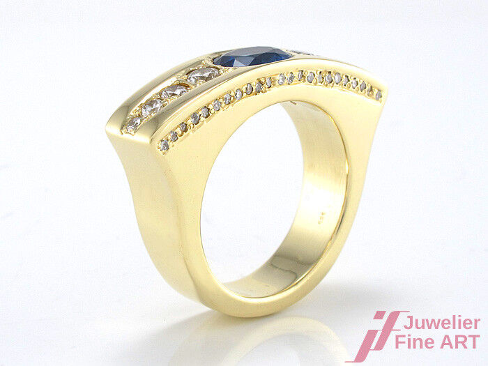 Ring - Handarbeit -14K/585 GG - Brillanten 0,60 ct + 1 ovaler Saphir 1,20 ct -54