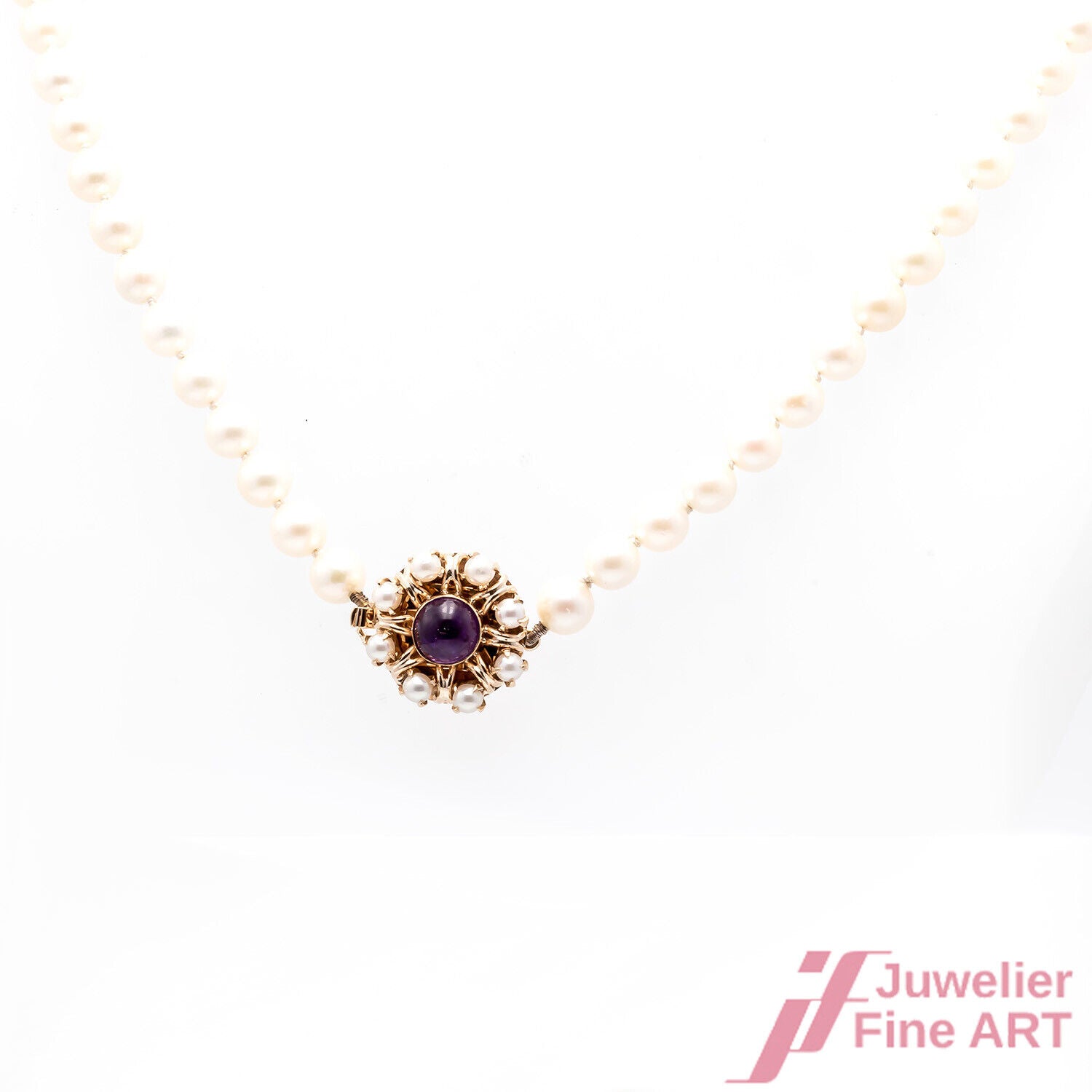 PERLENCOLLIER - 14K RsG -1 Amethyst-Cab. - 82 Akoya-Zuchtperlen - 42,1 g - 60 cm