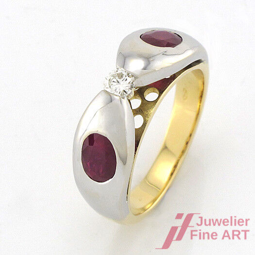 Ring 18K Gelb- & Weißgold - 2 Rubine + Brillant ca. 0,13ct W-SI - Gr. 54 - 7,3 g