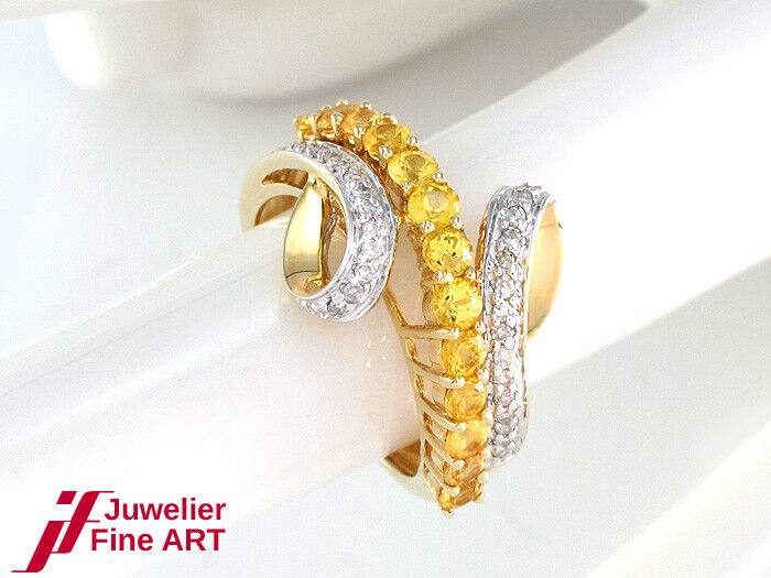 Ring - 585/14K Gelbgold - 32 Diamanten + 13 gelbe Saphire - 3,8 g - Gr. 50