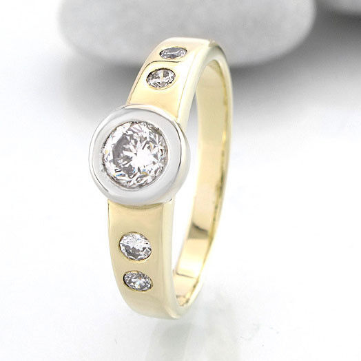 Ring Solitärring 585/14K Gelbgold Weißgold Diamanten Brillanten Größe 55