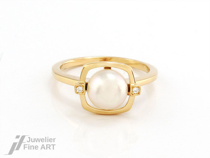 Ring 750/18K Gelbgold Akoyaperle + 2 Brillanten ca.0,04 ct TW/VSI - 3,9 g Gr. 55