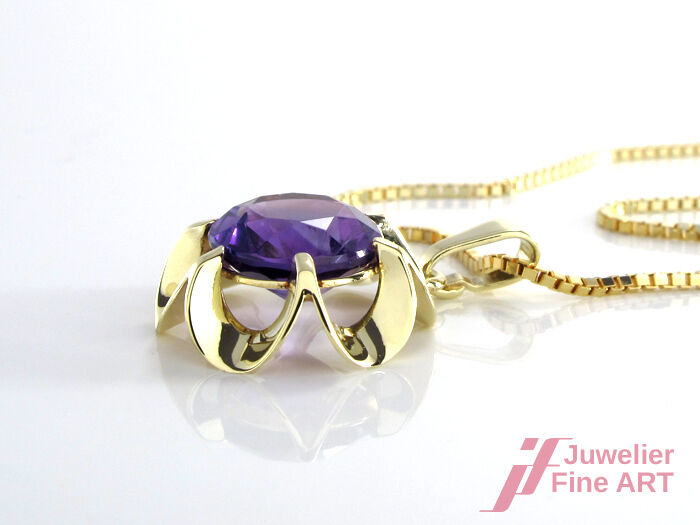 Kette mit Anhänger - 14K/585 Gelbgold - Amethyst  Ø 14,5 mm - 38 cm - 4,4 g