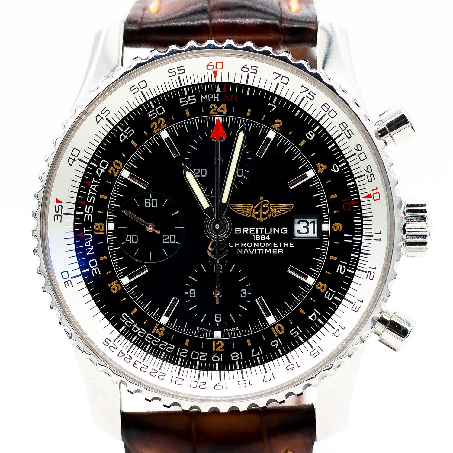 Breitling Navitimer World Ref.A24322 46mm Automatik Croco Stahl + Revision 2025